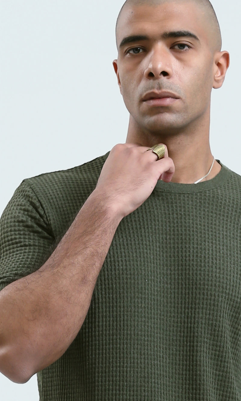 O190390 - Round Neck Short Sleeves Knitted Tee - Olive