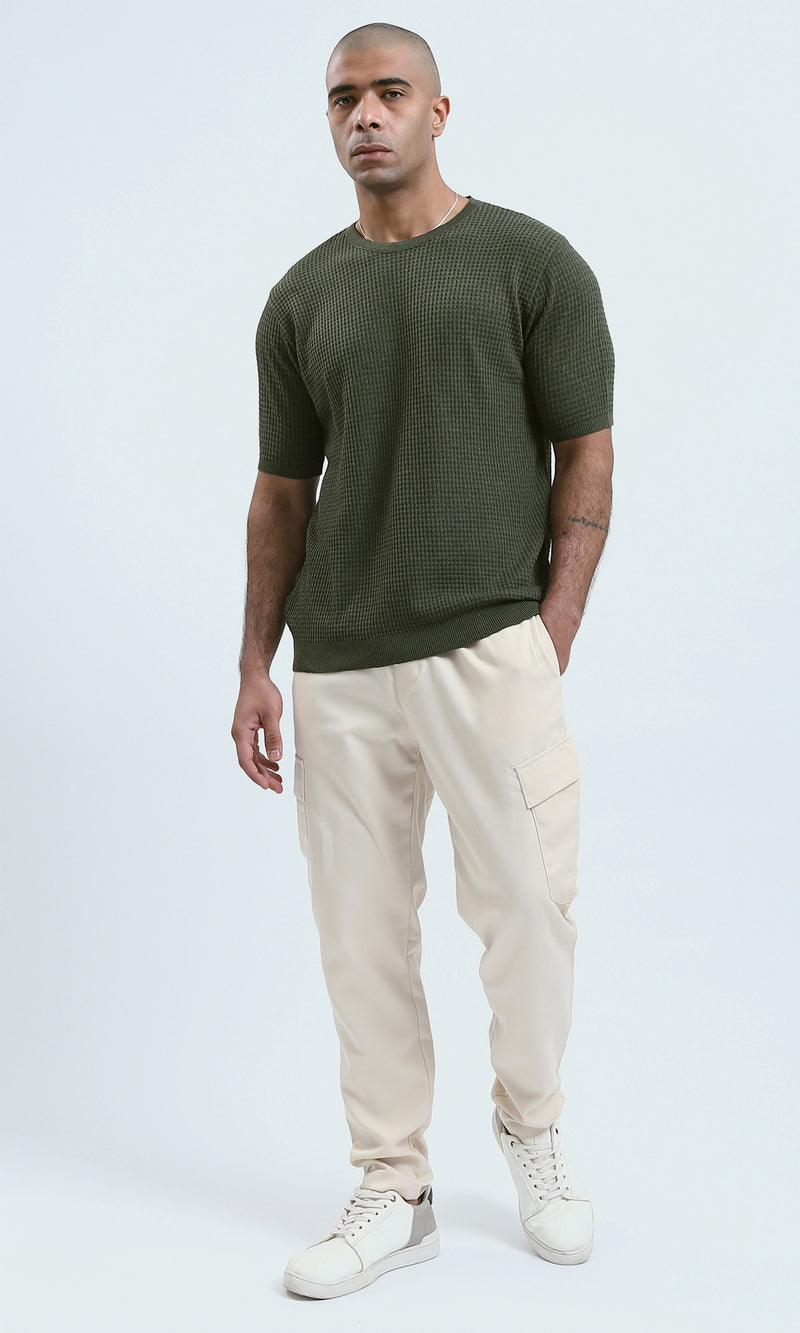 O190390 - Round Neck Short Sleeves Knitted Tee - Olive