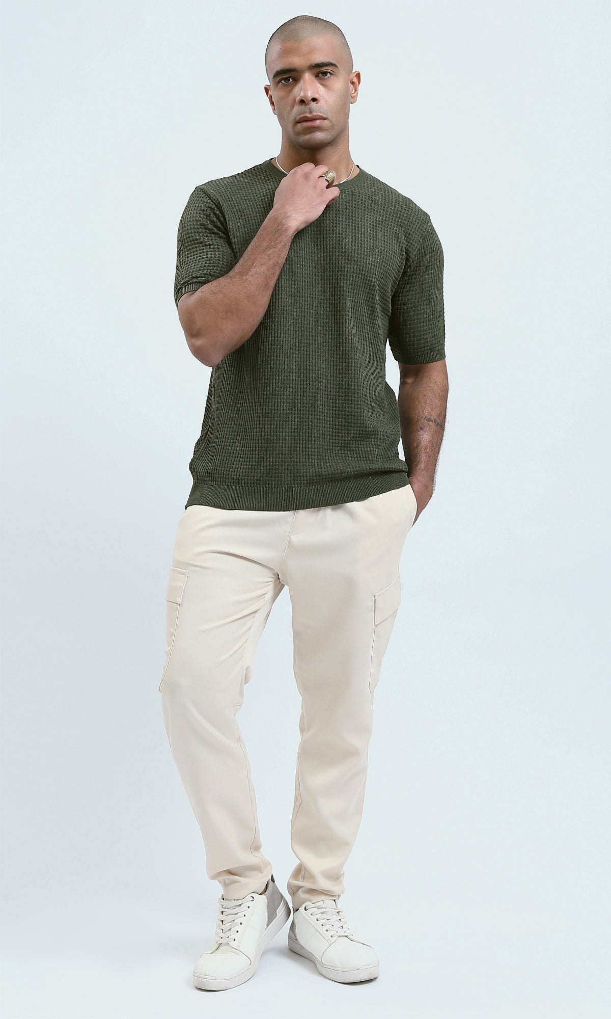 O190390 - Round Neck Short Sleeves Knitted Tee - Olive