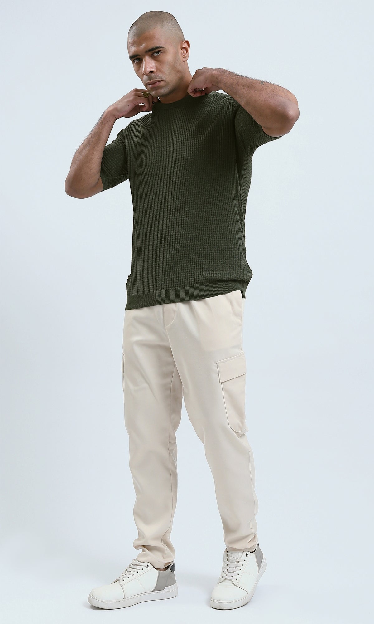 O190390 - Round Neck Short Sleeves Knitted Tee - Olive