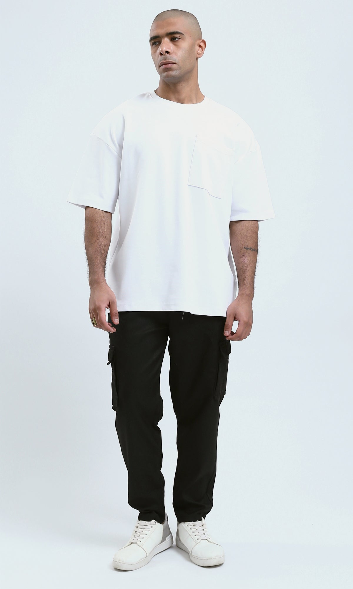 O190723 Elbow Sleeves White Tee With Side Pocket