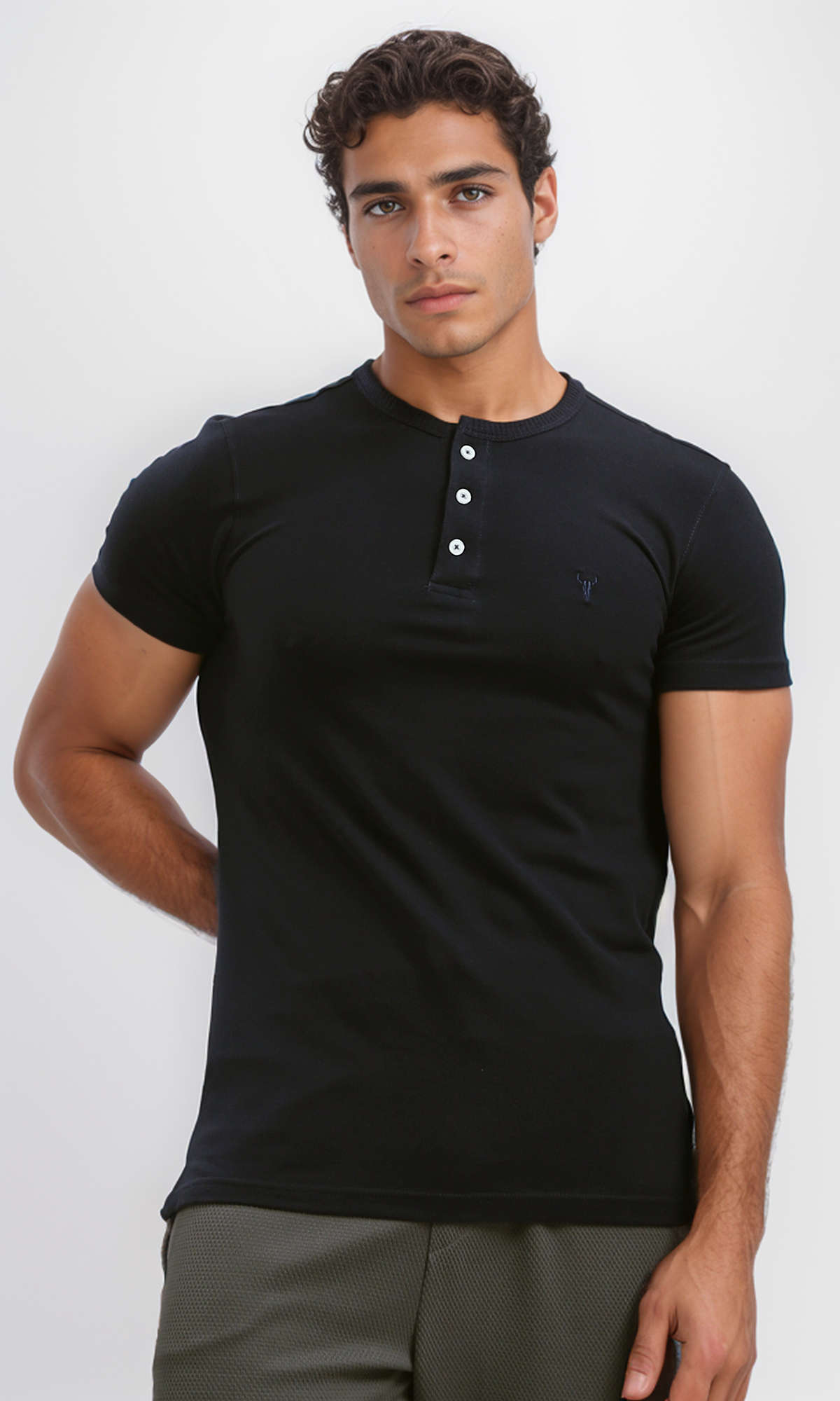 O190724 Round Neck Slip On Black Henley Shirt