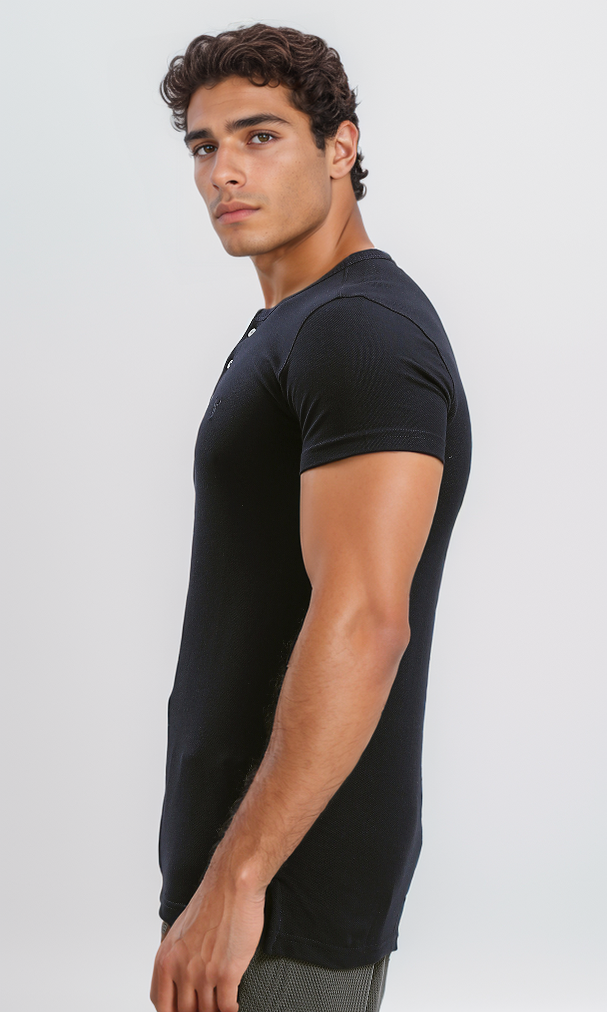 O190724 Round Neck Slip On Black Henley Shirt