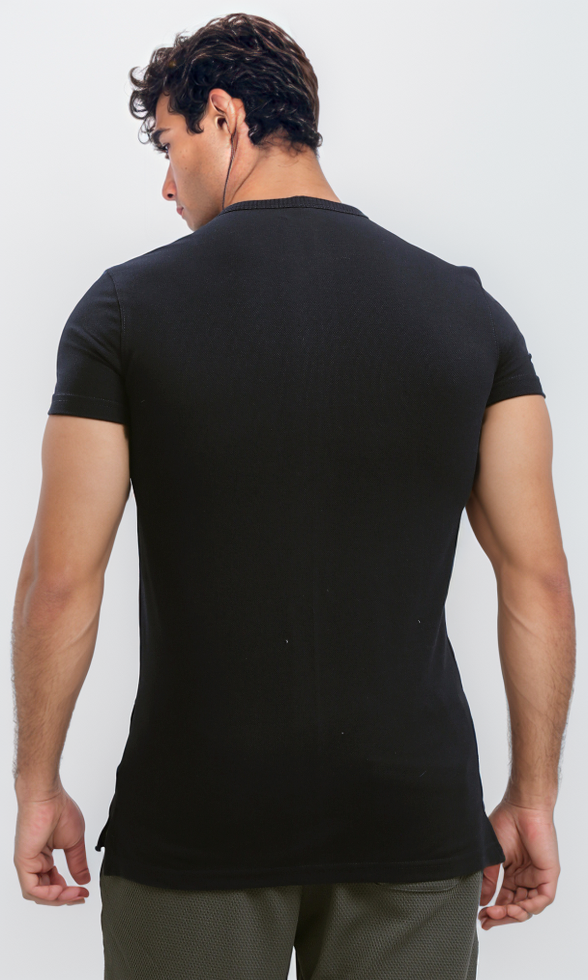 O190724 Round Neck Slip On Black Henley Shirt