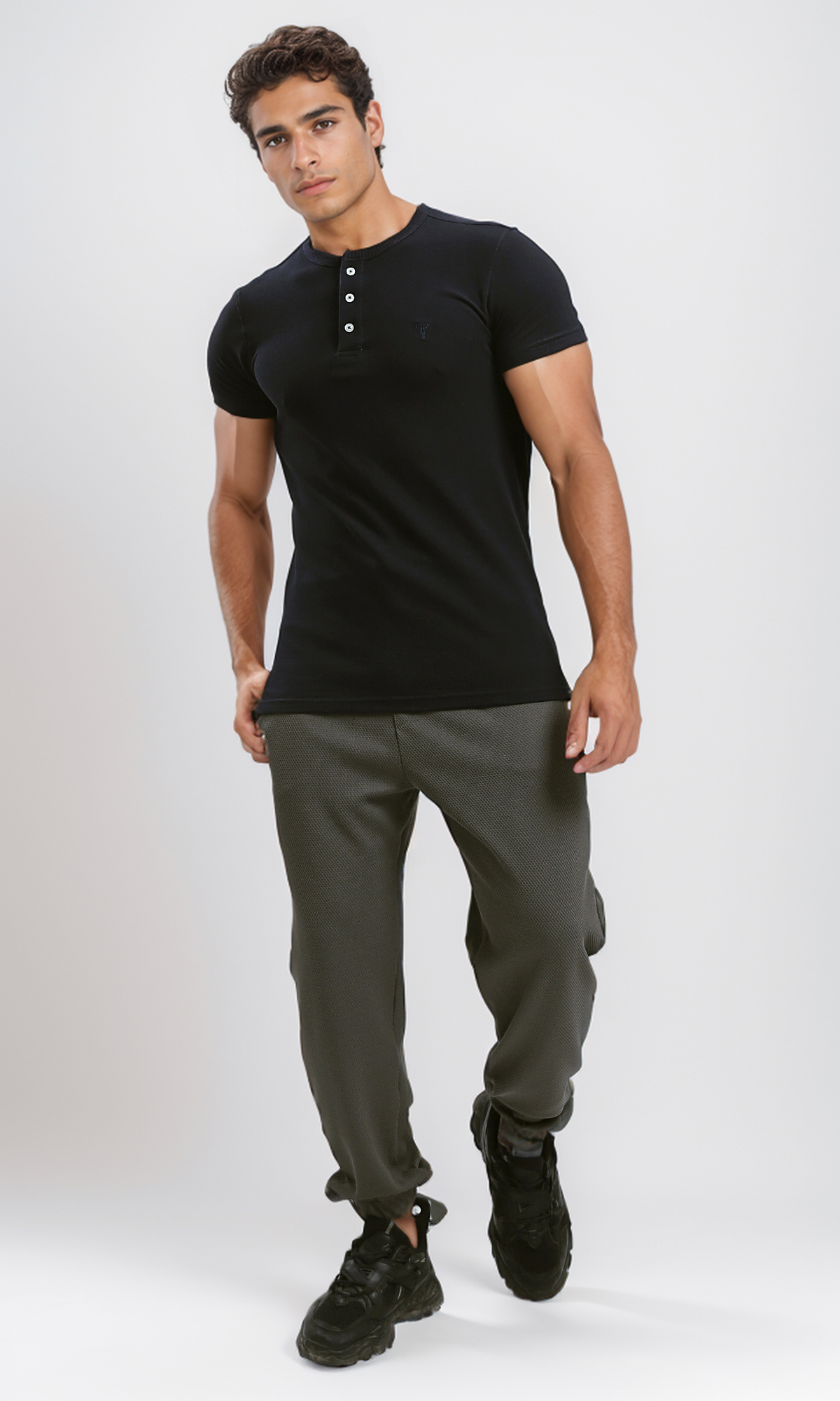 O190724 Round Neck Slip On Black Henley Shirt