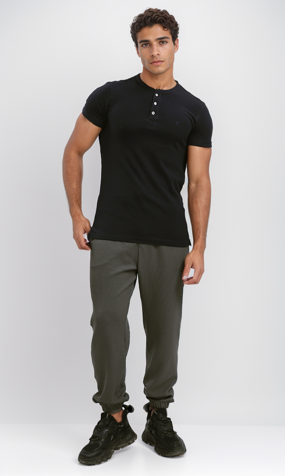 O190724 Round Neck Slip On Black Henley Shirt