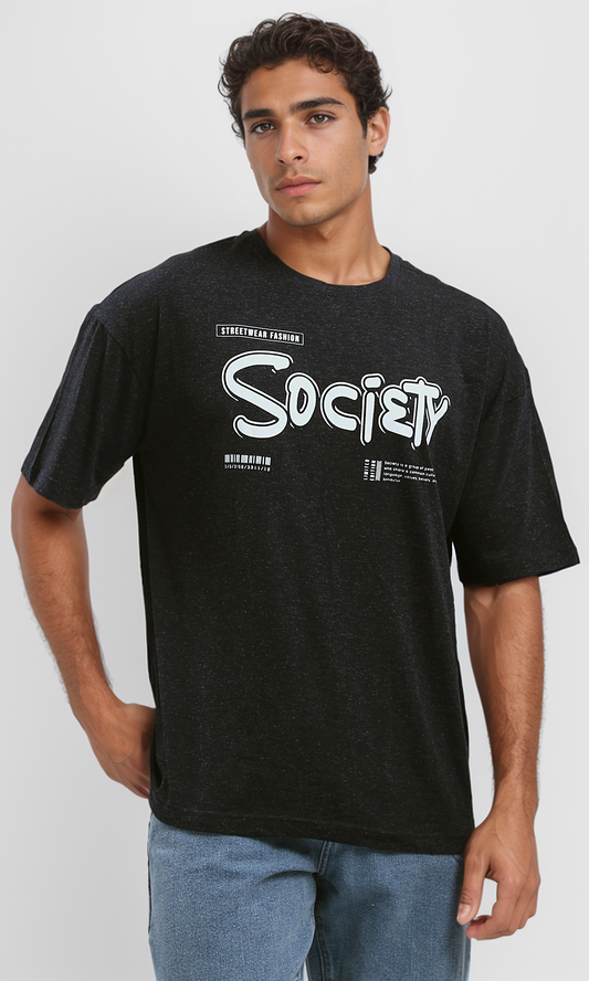 O190729 Heather Black Relaxed Tee With "Society" Print