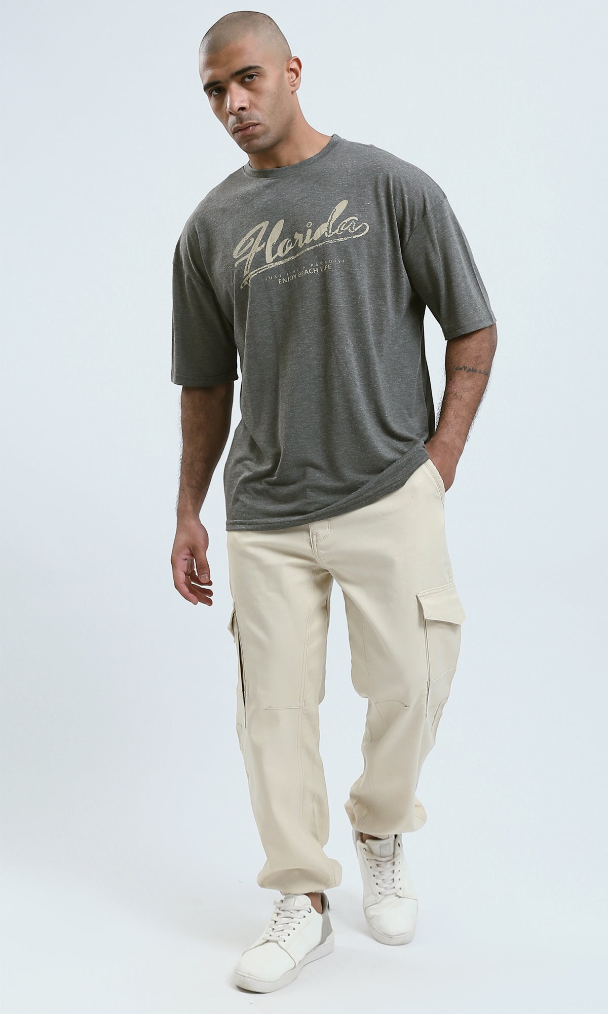 o190730 - Heather Dark Khaki Round Neck Summer Tee