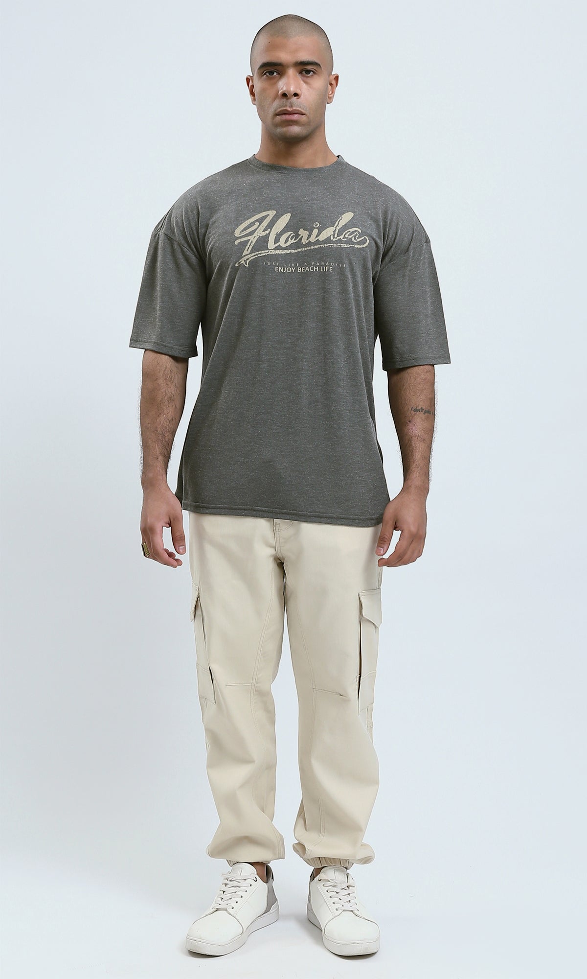 o190730 - Heather Dark Khaki Round Neck Summer Tee