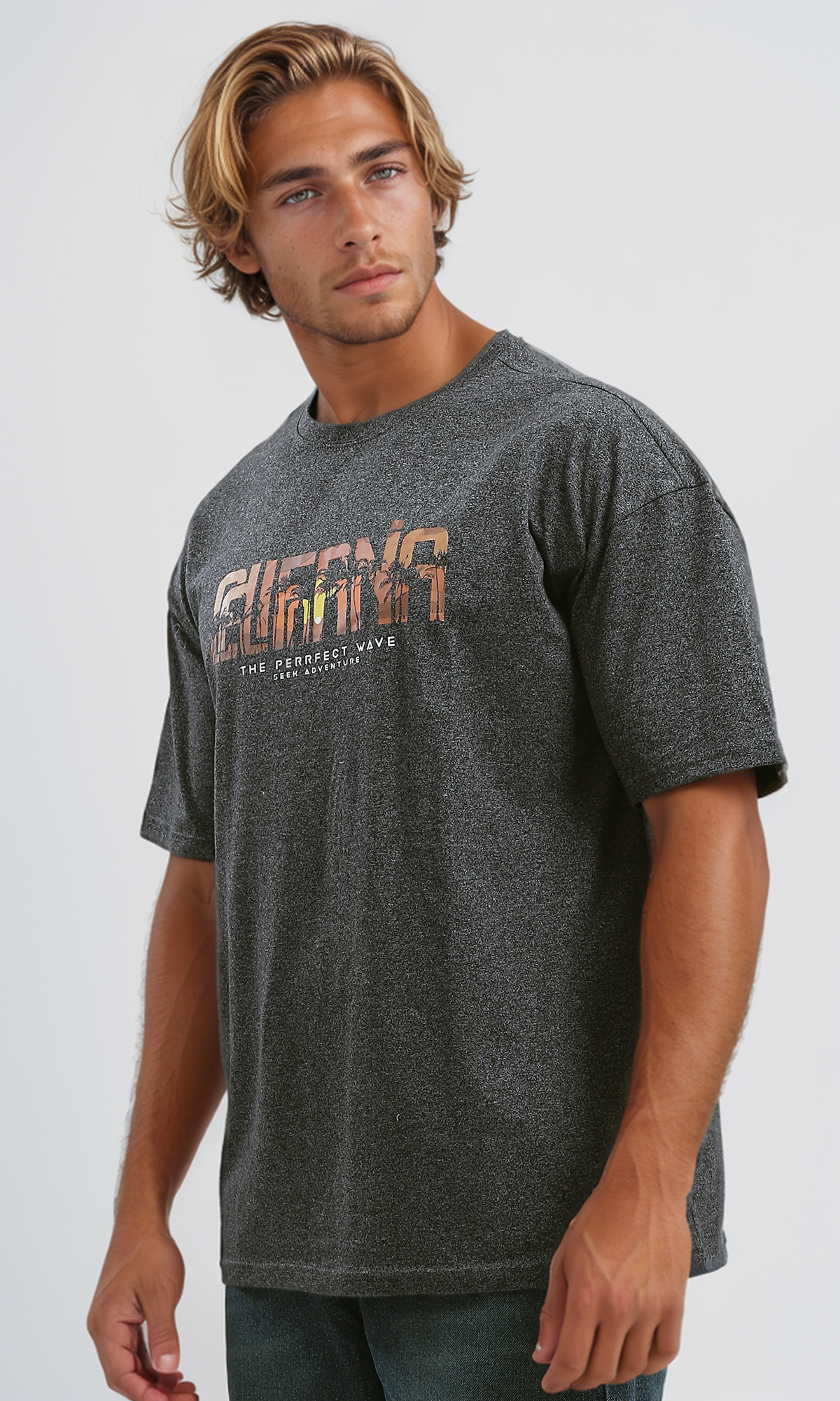 O190736 Relaxed Fit Printed Casual Heather Dark Grey Tee