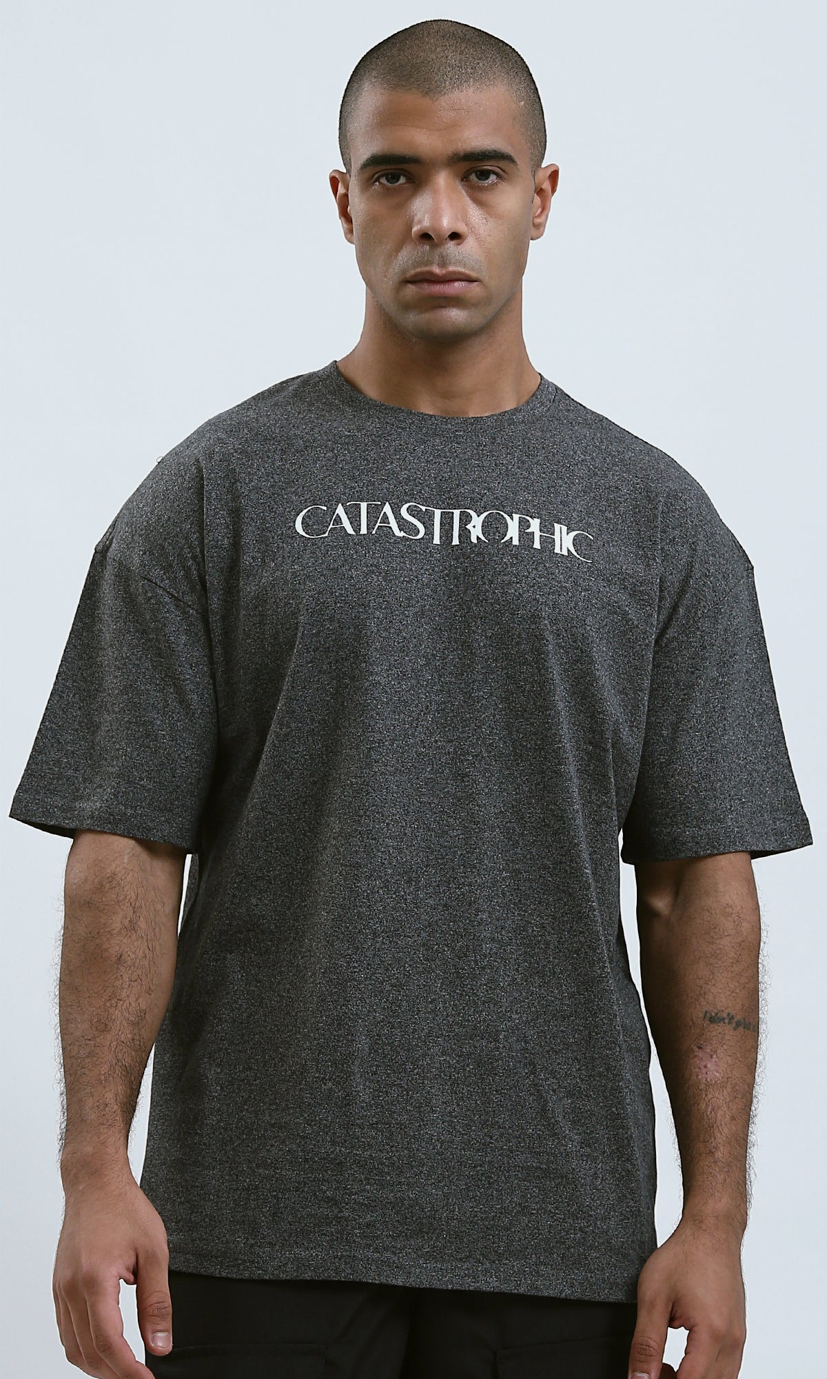 O190739 - Front & Back Print Elbow Sleeves Summer Tee - Dark Grey