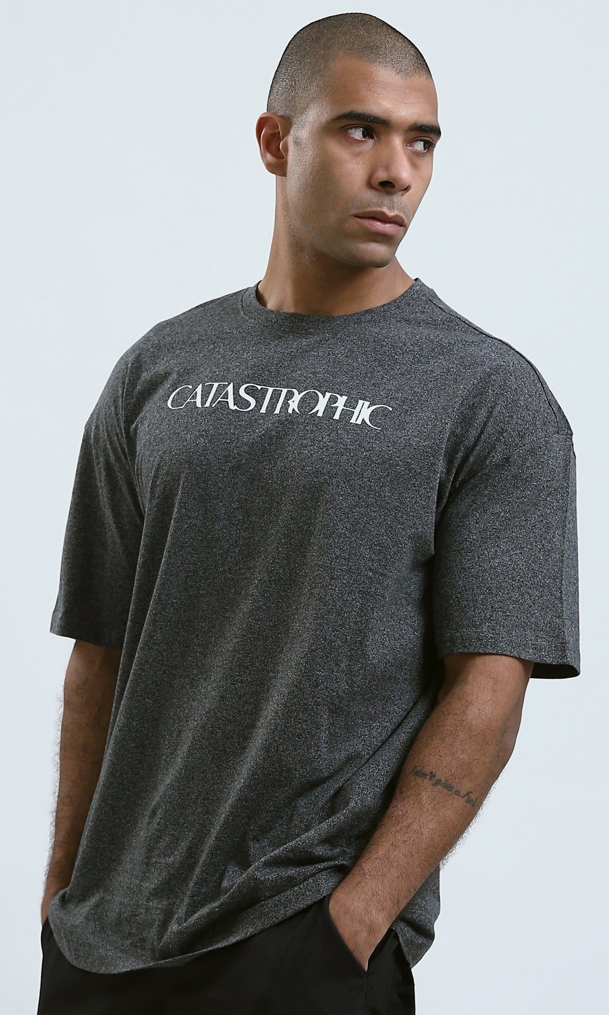 O190739 - Front & Back Print Elbow Sleeves Summer Tee - Dark Grey