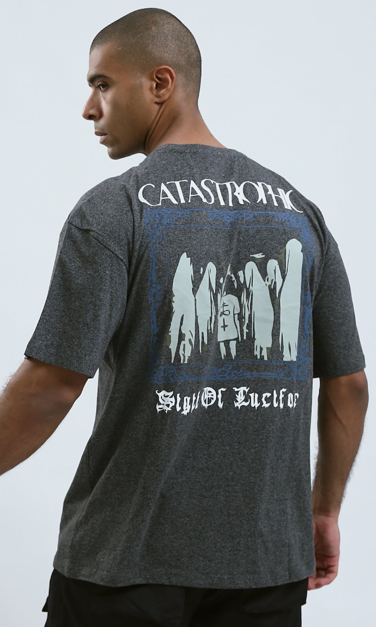 O190739 - Front & Back Print Elbow Sleeves Summer Tee - Dark Grey