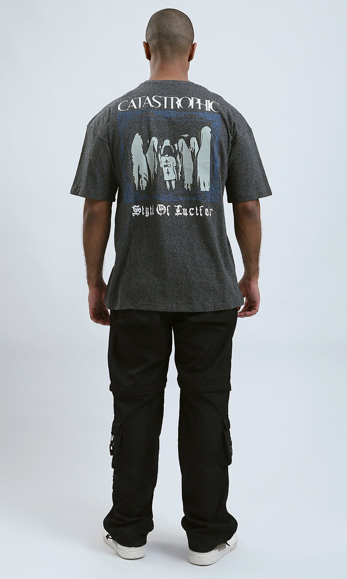 O190739 - Front & Back Print Elbow Sleeves Summer Tee - Dark Grey