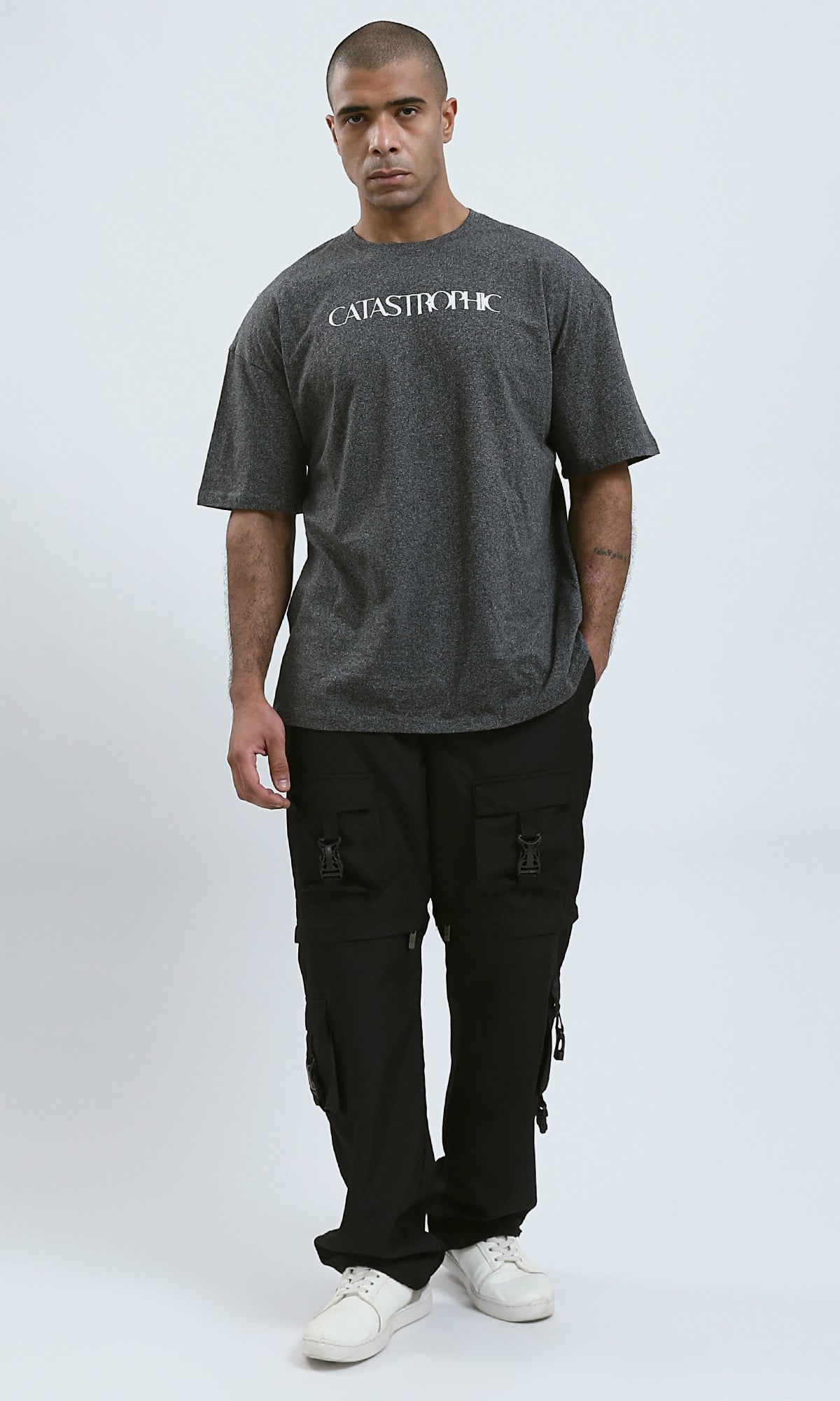 O190739 - Front & Back Print Elbow Sleeves Summer Tee - Dark Grey