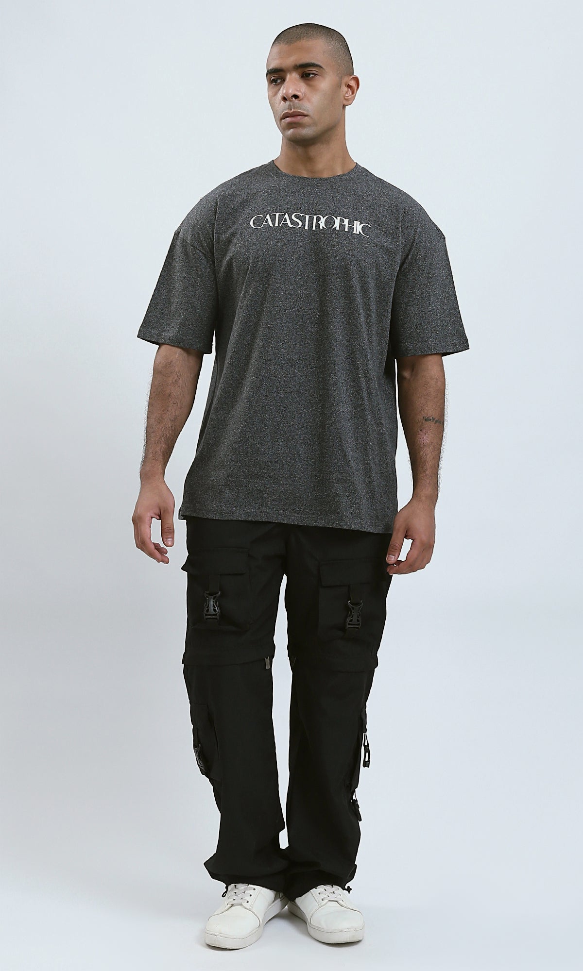 O190739 - Front & Back Print Elbow Sleeves Summer Tee - Dark Grey