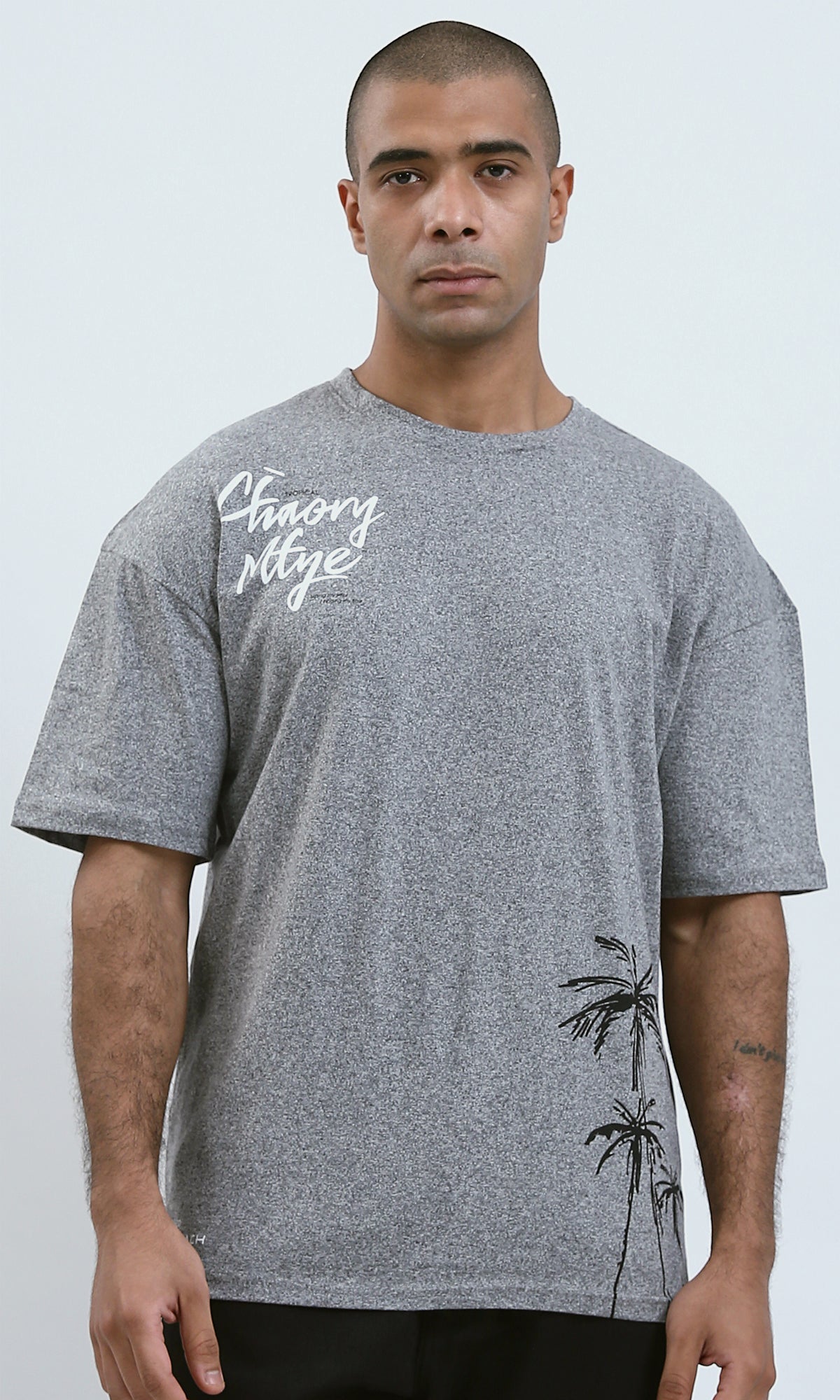O190742 - Side Printed Elbow Sleeves Light Grey Tee