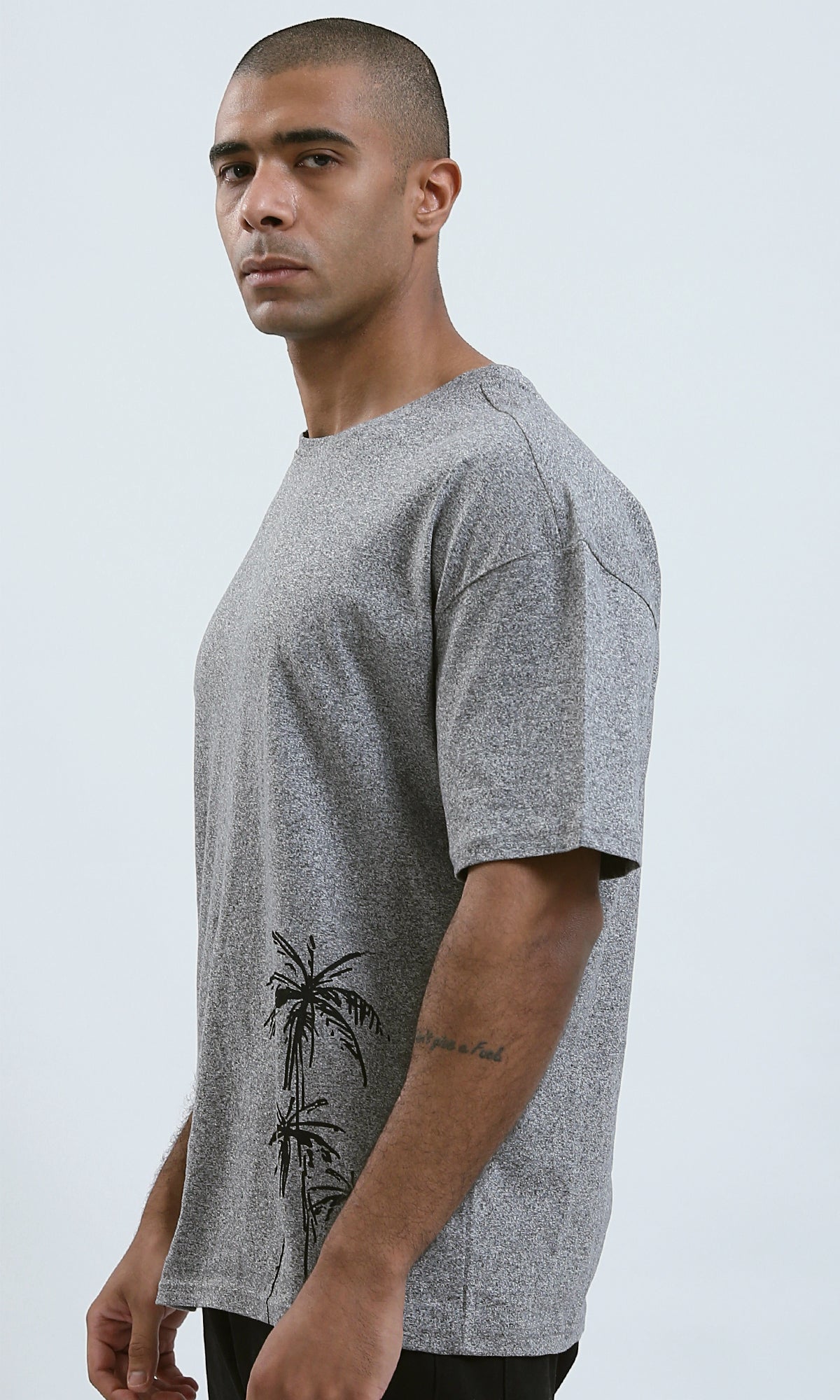 O190742 - Side Printed Elbow Sleeves Light Grey Tee
