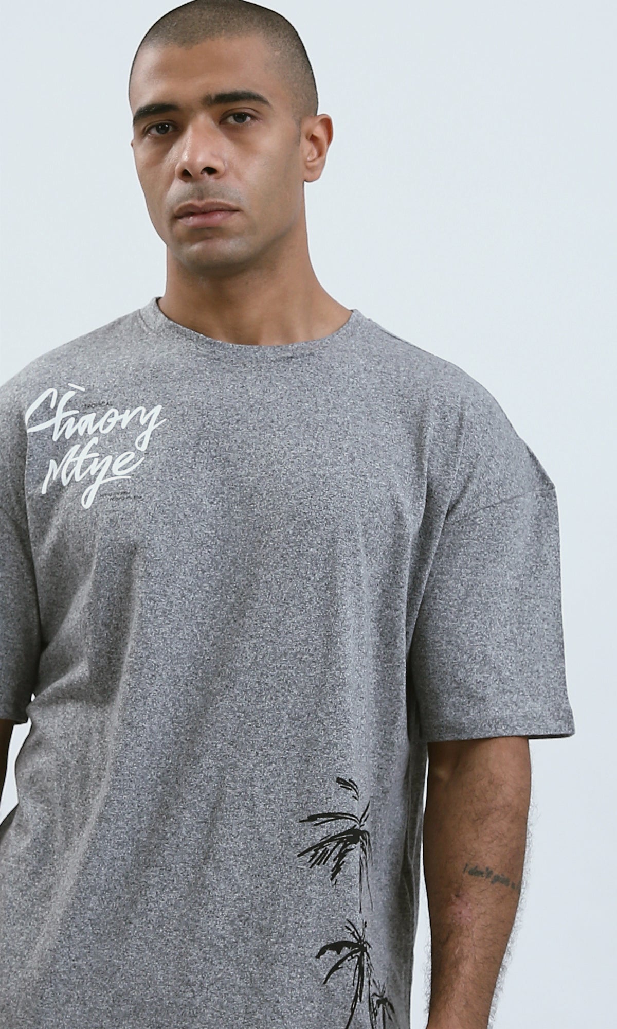 O190742 - Side Printed Elbow Sleeves Light Grey Tee