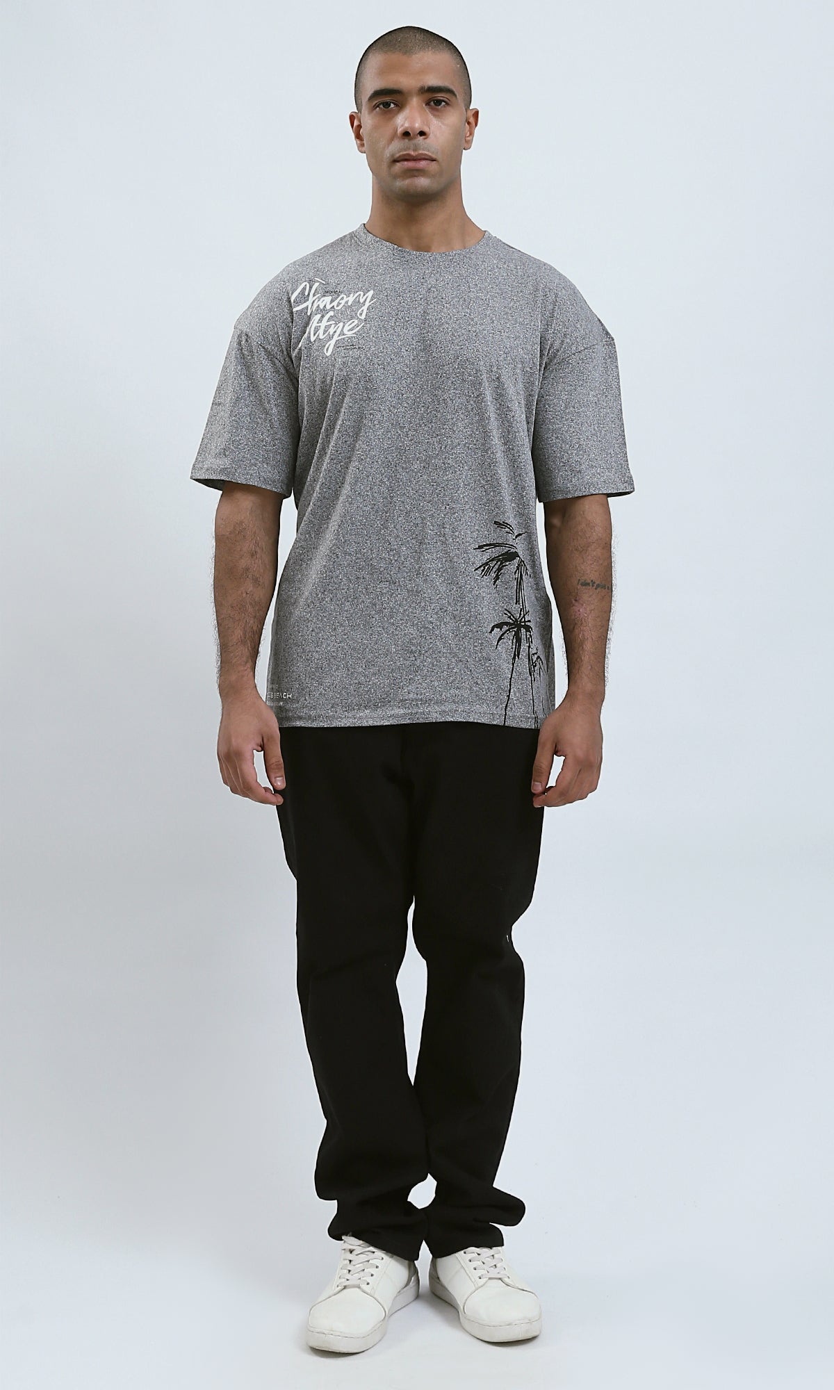 O190742 - Side Printed Elbow Sleeves Light Grey Tee
