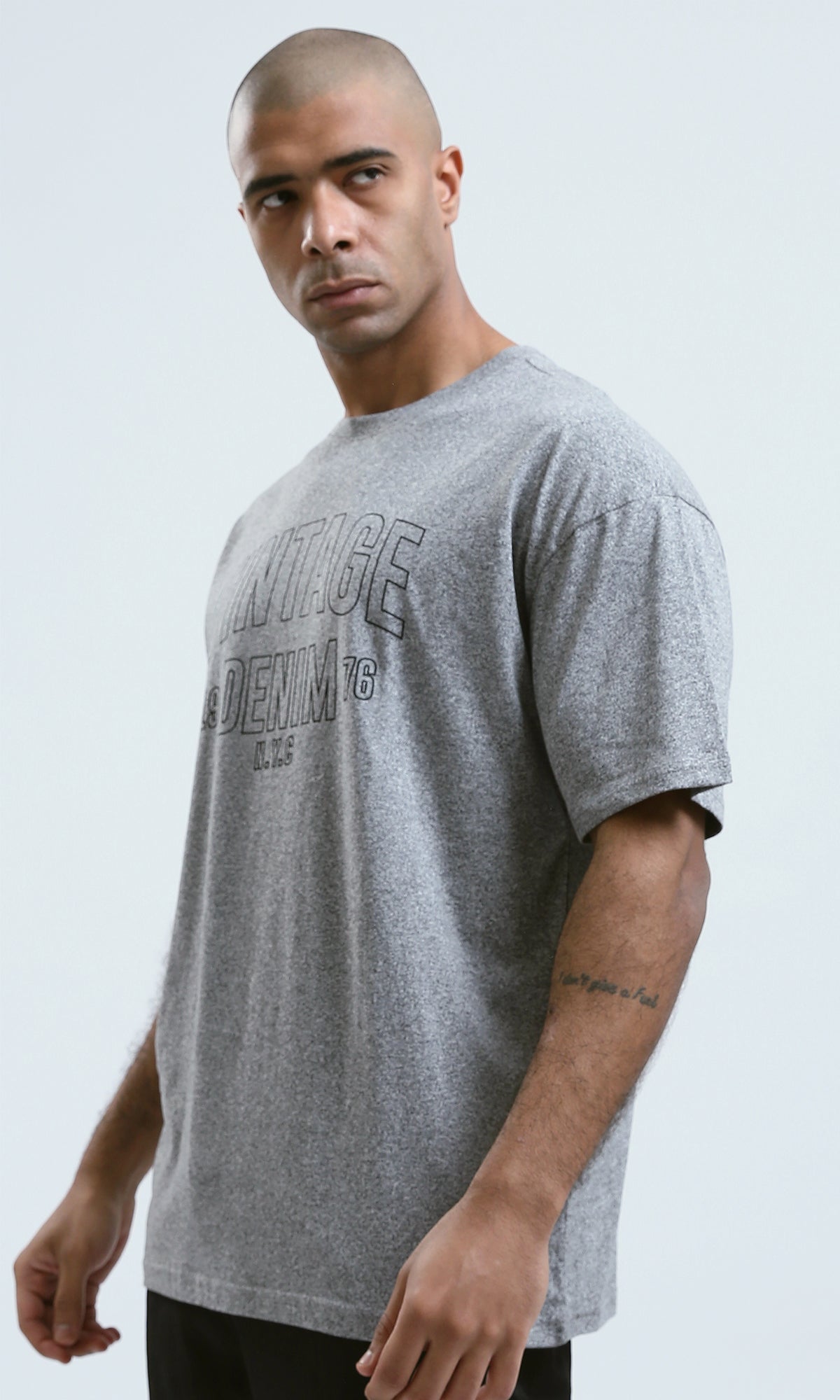 o190745 - Heather Grey Elbow Sleeves Printed "Vintage Denim" Tee