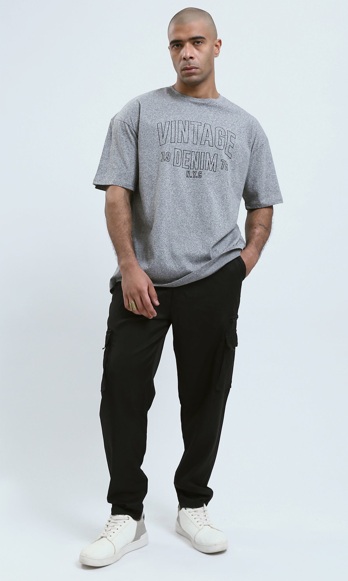 o190745 - Heather Grey Elbow Sleeves Printed "Vintage Denim" Tee