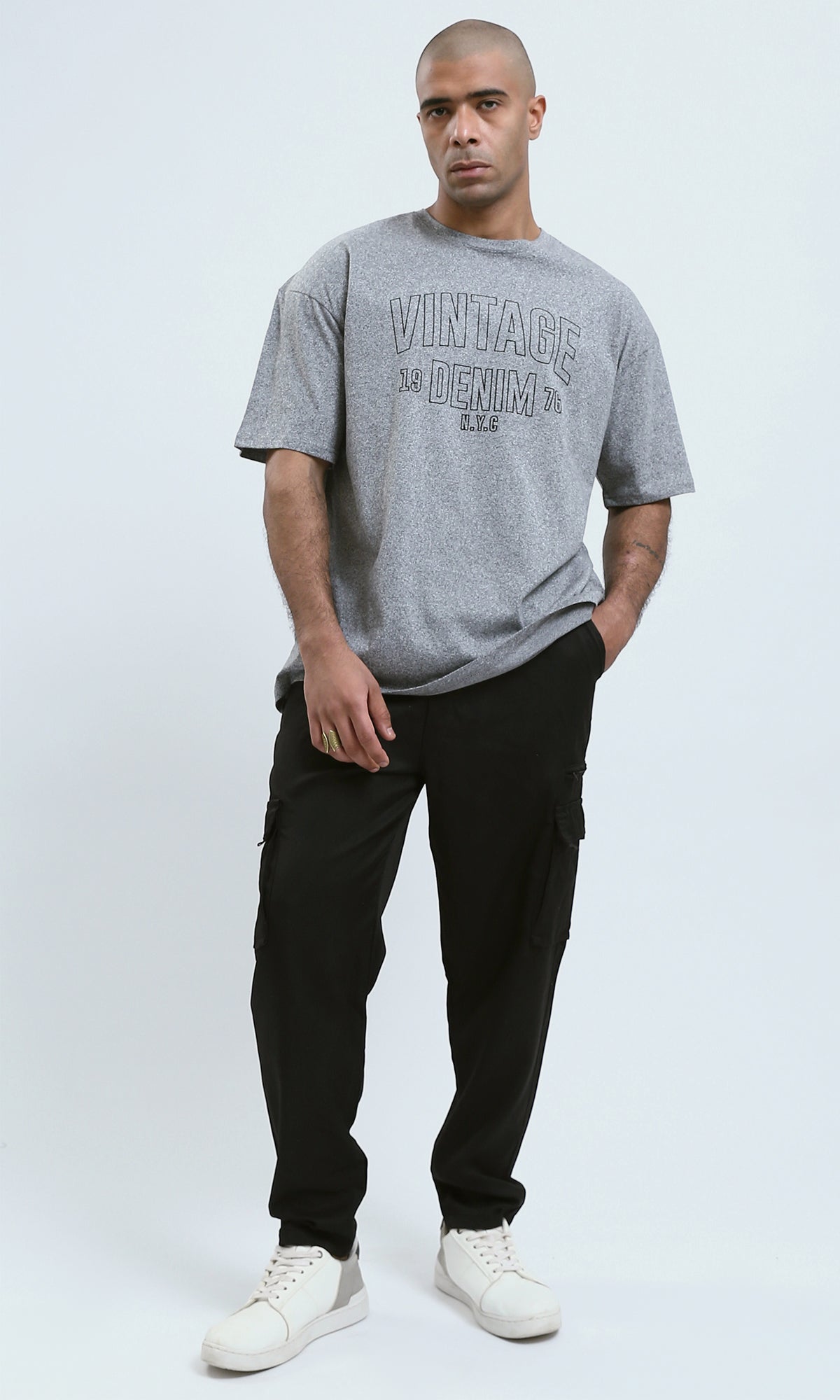 o190745 - Heather Grey Elbow Sleeves Printed "Vintage Denim" Tee
