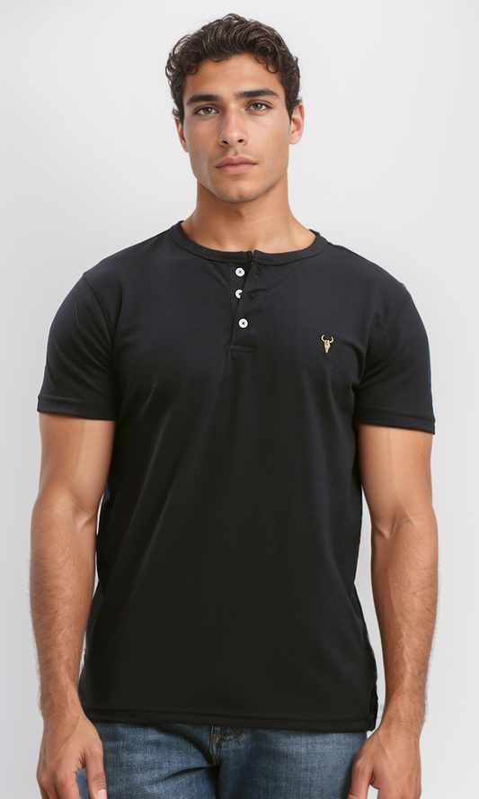 O190826 Black Round Neck Slip On Henley Shirt