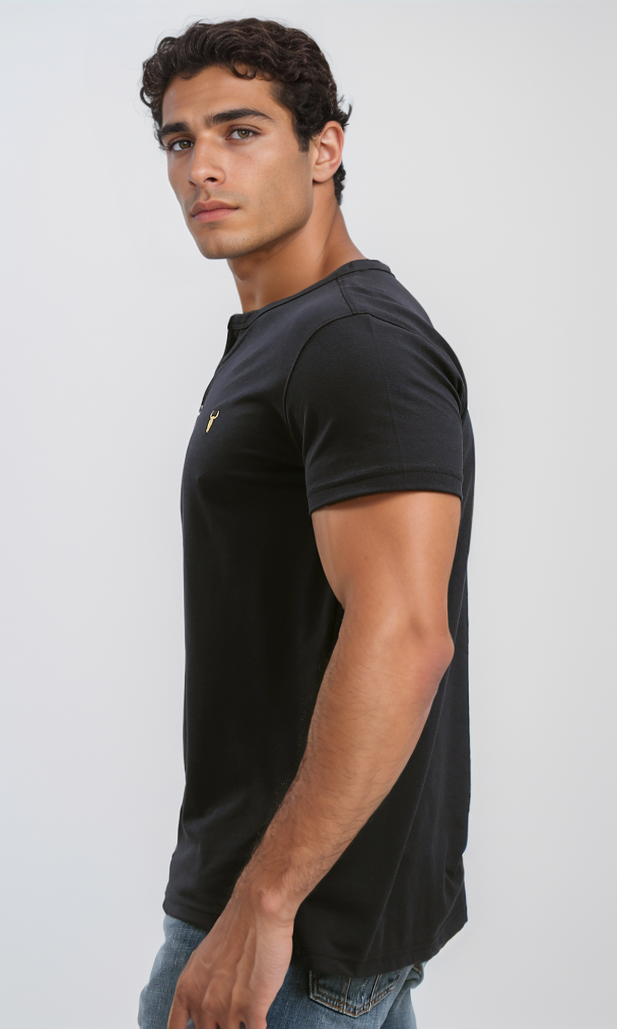 O190826 Black Round Neck Slip On Henley Shirt