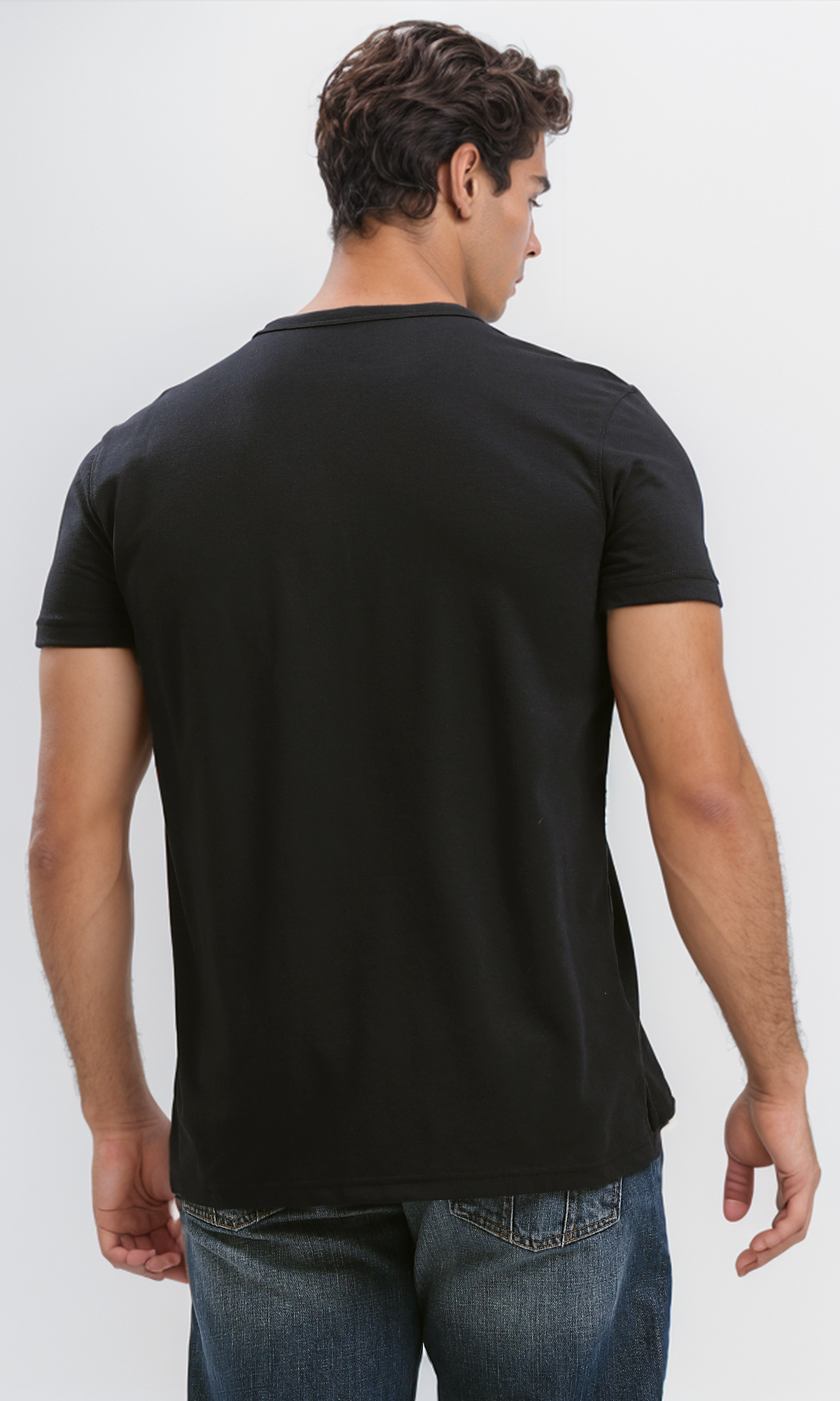 O190826 Black Round Neck Slip On Henley Shirt