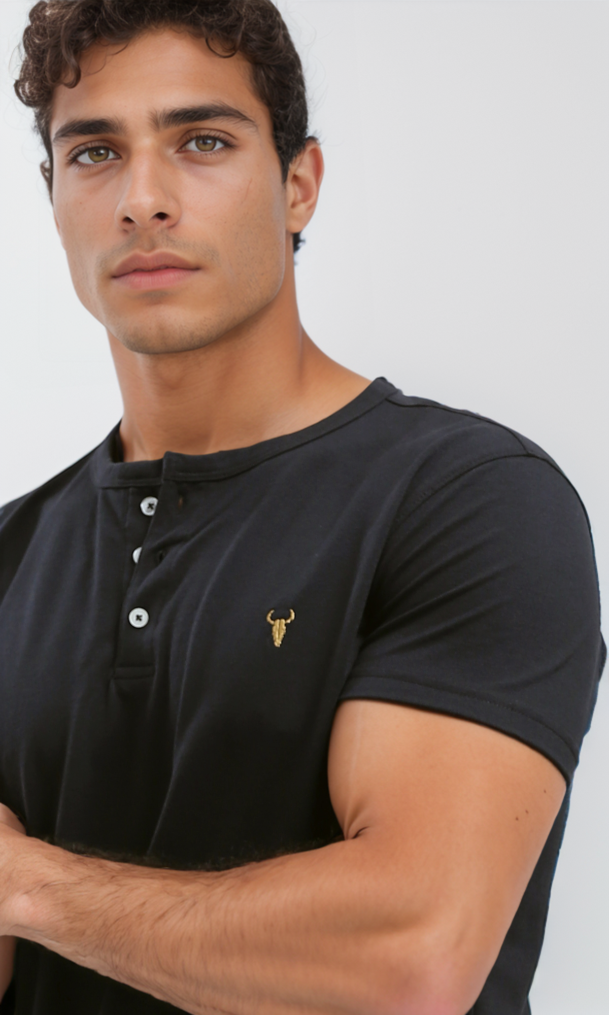 O190826 Black Round Neck Slip On Henley Shirt
