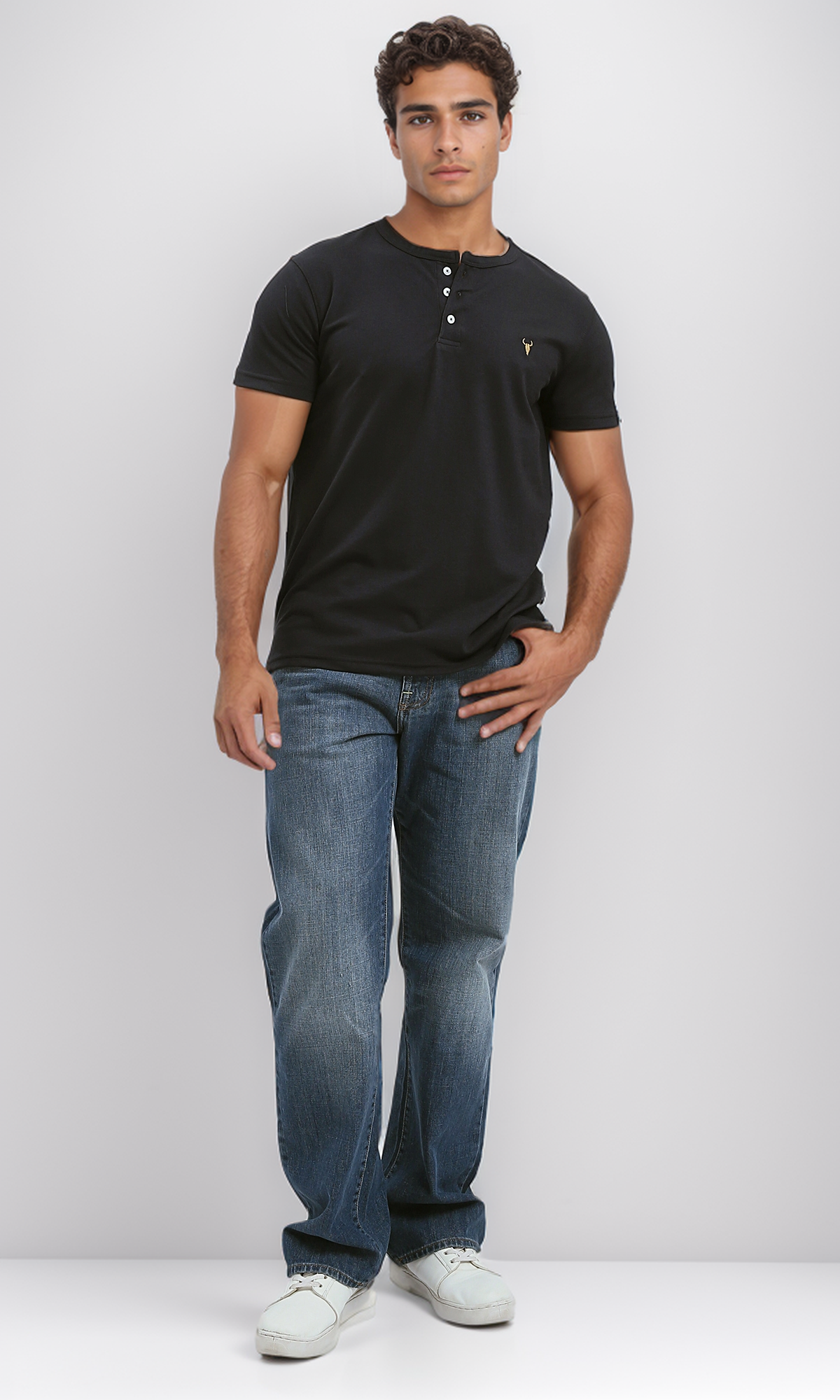 O190826 Black Round Neck Slip On Henley Shirt