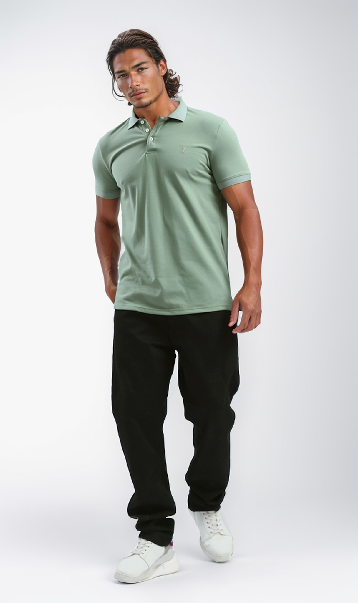 O190828 Classic Collar Solid Light Green Polo Shirt