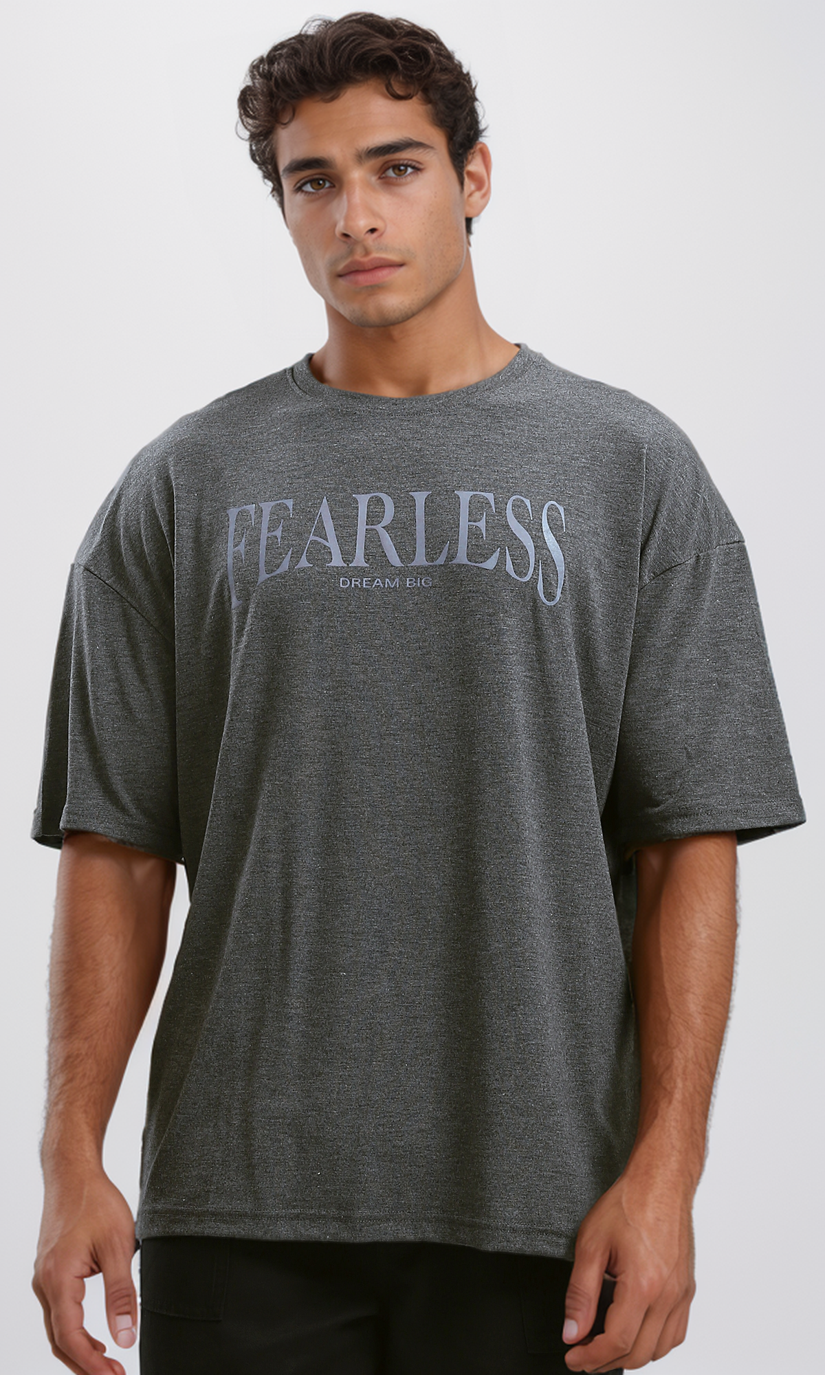 O190830 Printed "Fearless" Slip On Tee - Heather Dark Grey