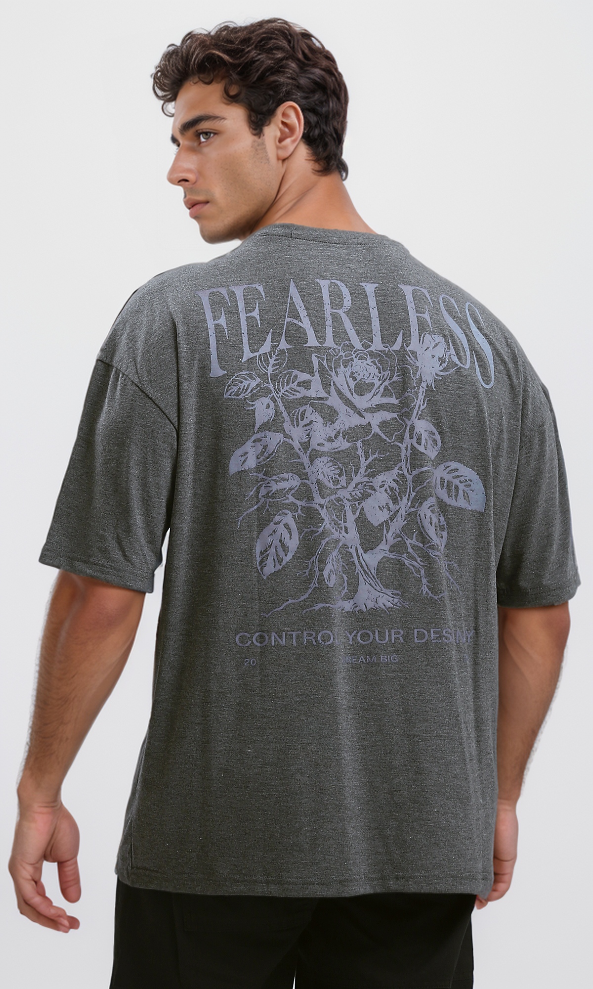 O190830 Printed "Fearless" Slip On Tee - Heather Dark Grey