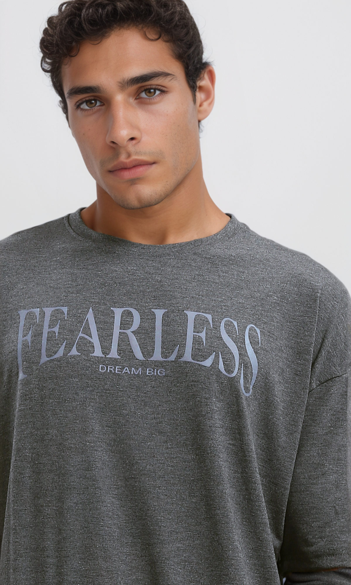 O190830 Printed "Fearless" Slip On Tee - Heather Dark Grey