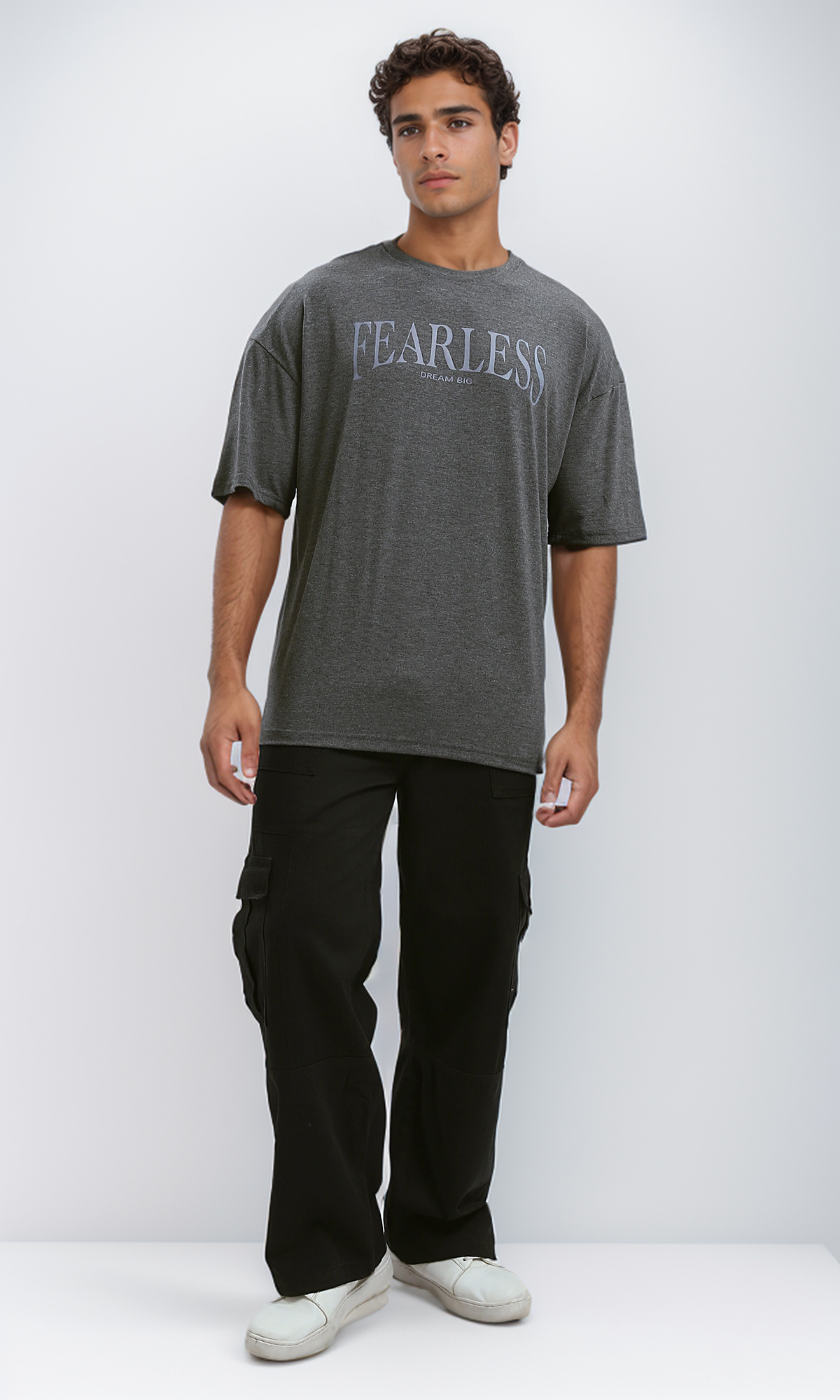 O190830 Printed "Fearless" Slip On Tee - Heather Dark Grey