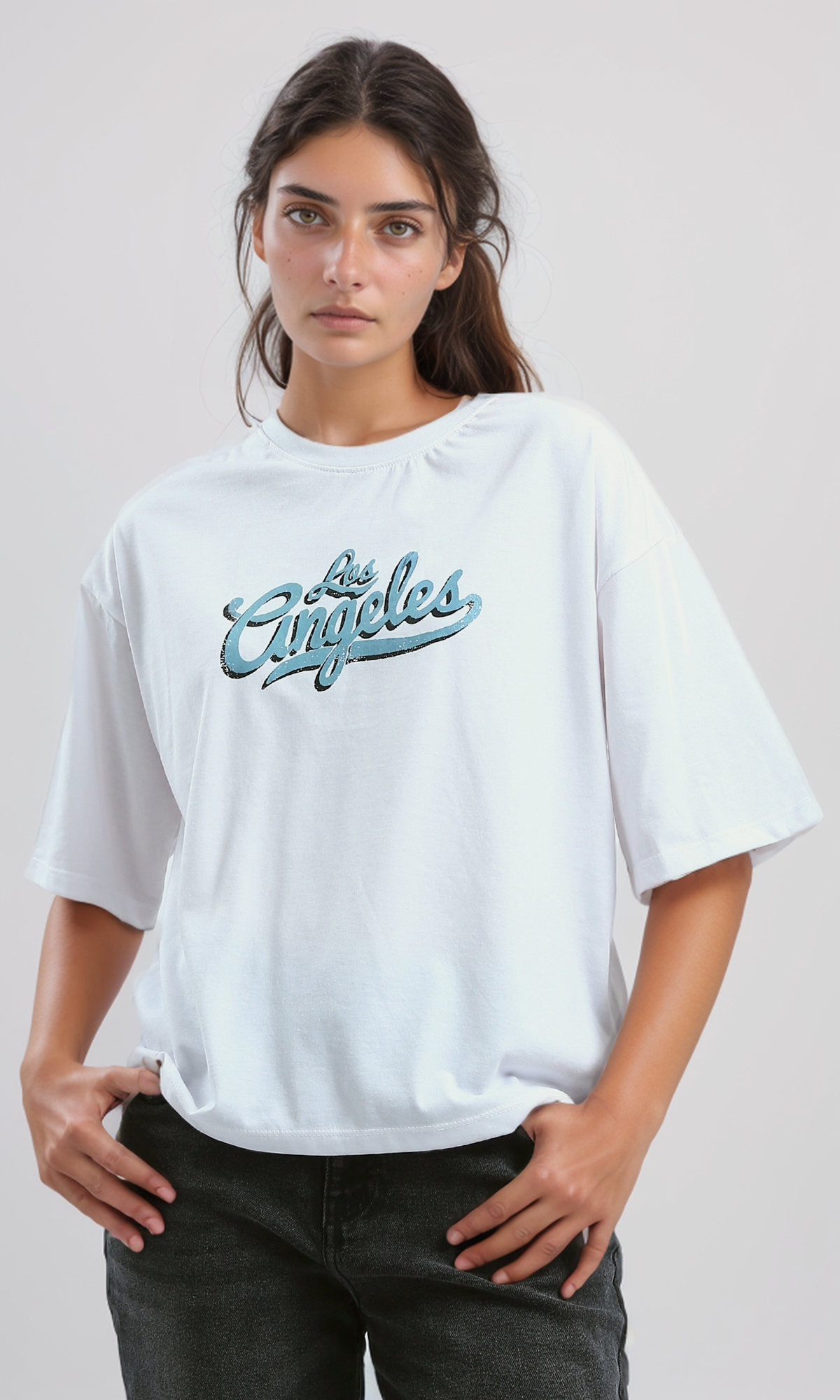 O190927 Relaxed Fit White Long Tee With Elbow-Sleeves