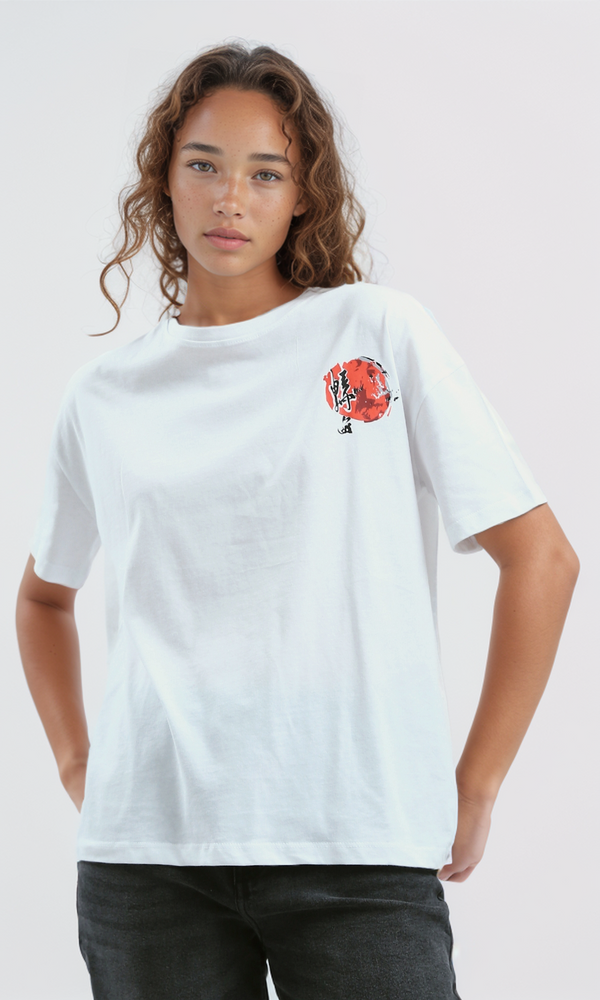 O190929 Printed Elbow-Sleeves White Summer Long Tee