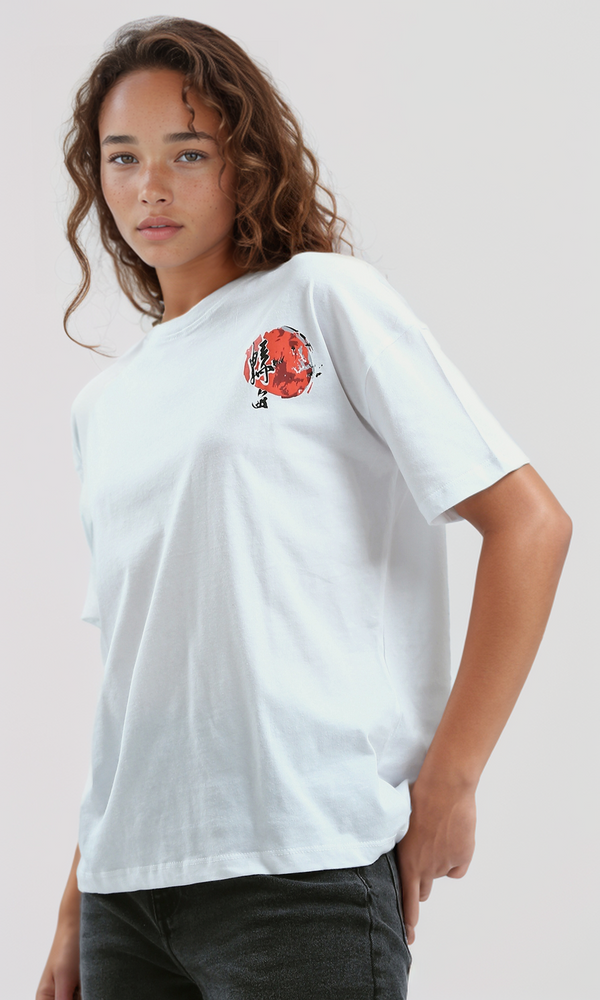 O190929 Printed Elbow-Sleeves White Summer Long Tee