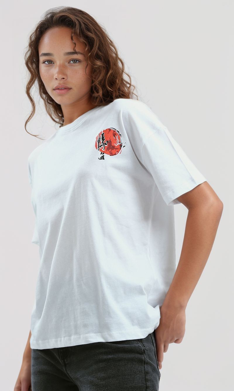 O190929 Printed Elbow-Sleeves White Summer Long Tee