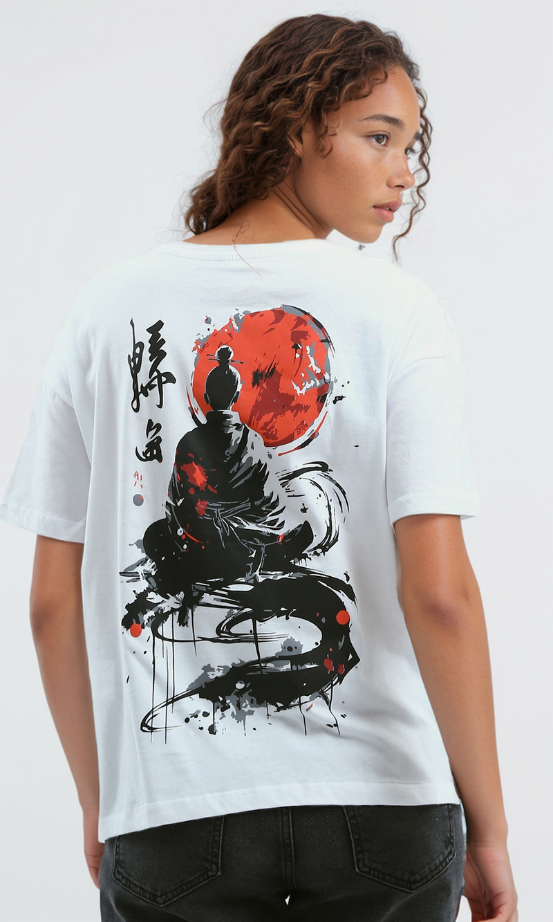 O190929 Printed Elbow-Sleeves White Summer Long Tee