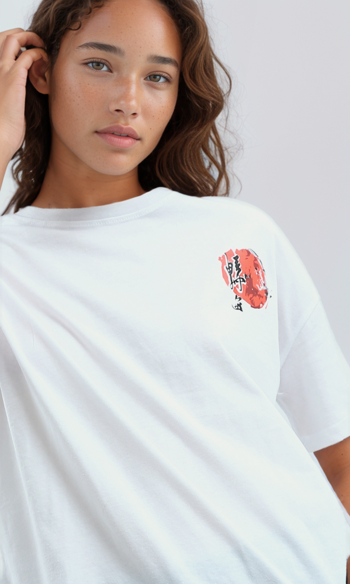 O190929 Printed Elbow-Sleeves White Summer Long Tee