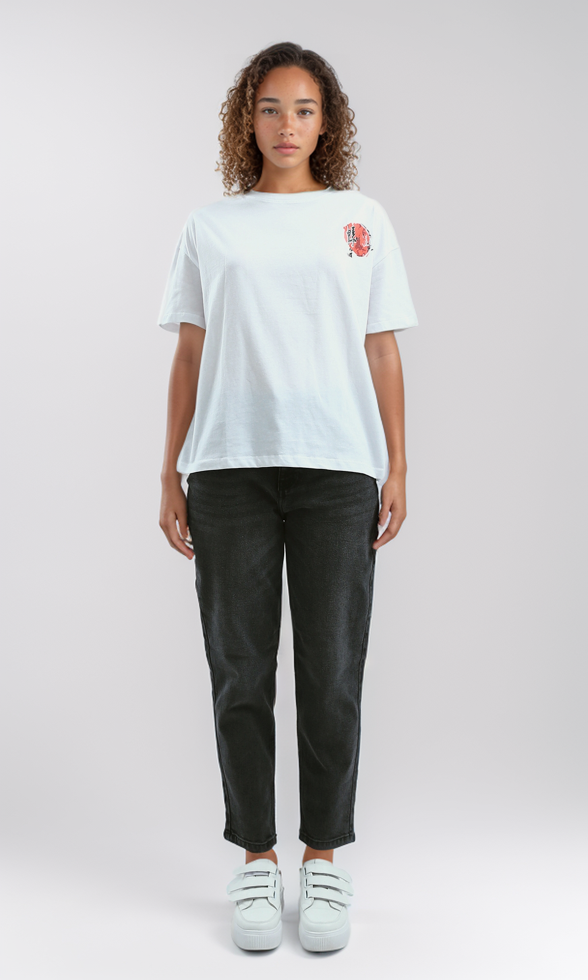 O190929 Printed Elbow-Sleeves White Summer Long Tee