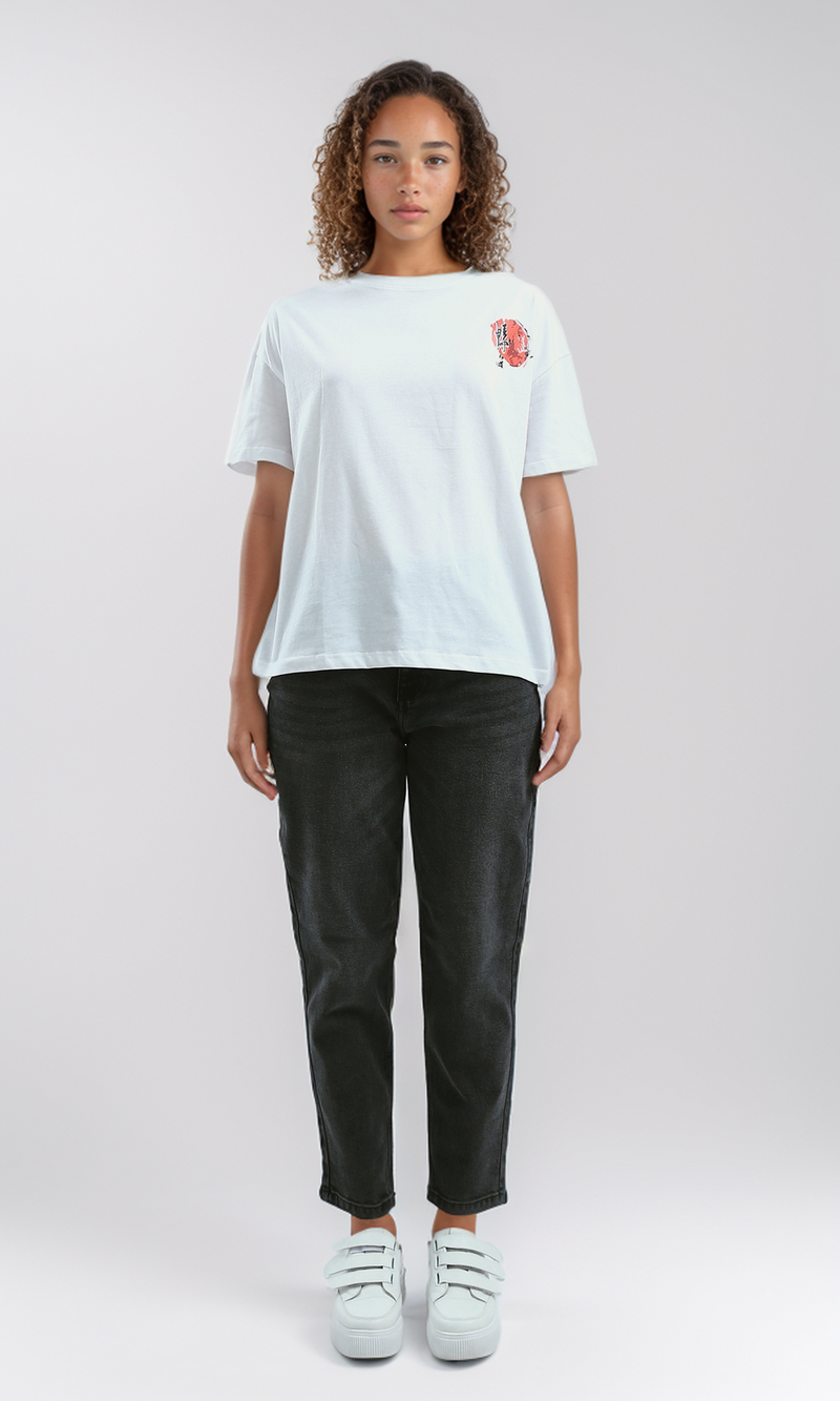 O190929 Printed Elbow-Sleeves White Summer Long Tee