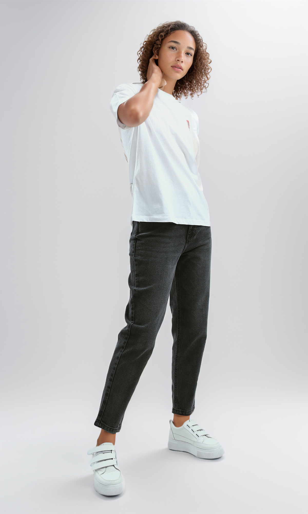 O190929 Printed Elbow-Sleeves White Summer Long Tee