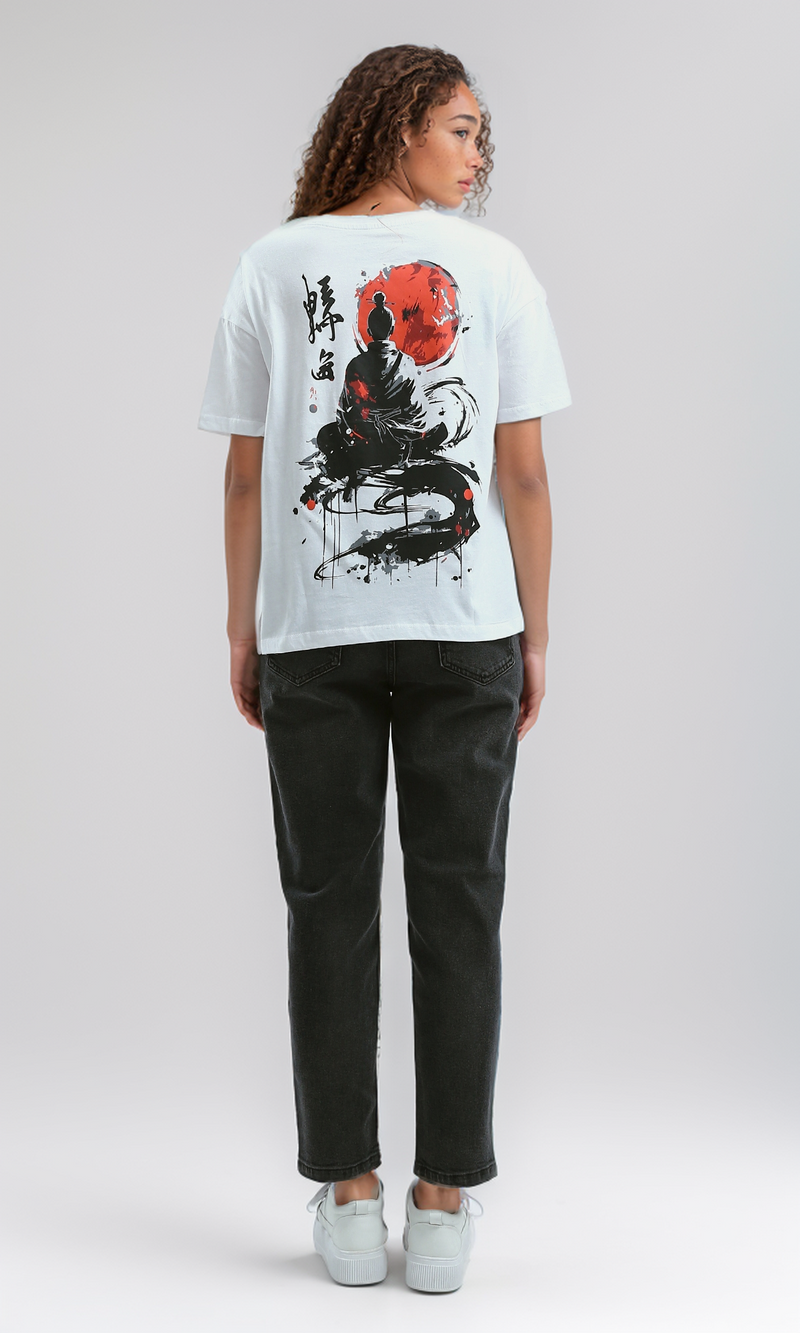 O190929 Printed Elbow-Sleeves White Summer Long Tee