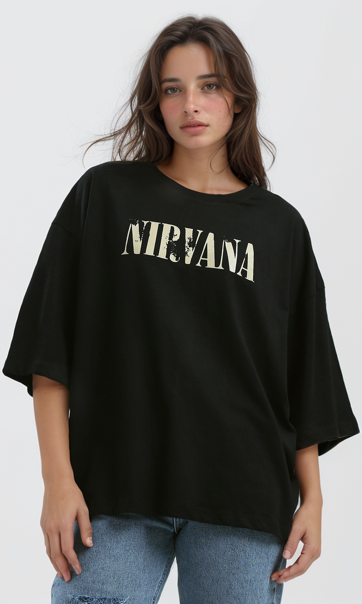 O190933 Slip On Relaxed Fit Printed "Nirvana" Black Tee