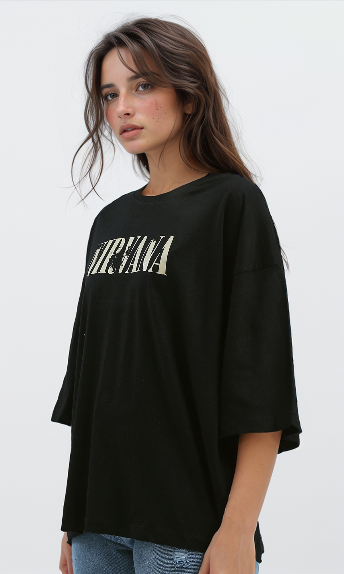 O190933 Slip On Relaxed Fit Printed "Nirvana" Black Tee