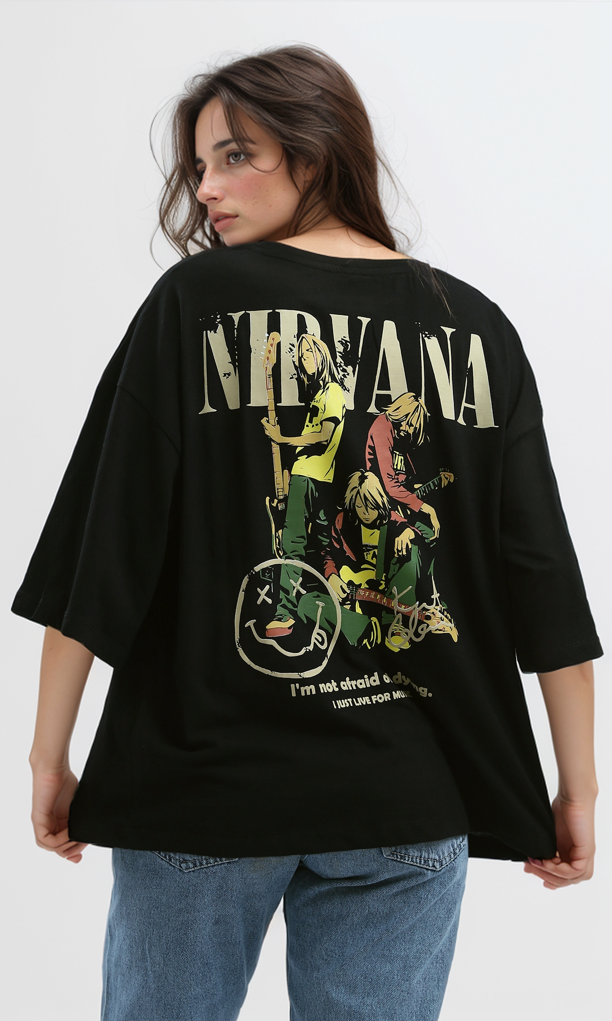 O190933 Slip On Relaxed Fit Printed "Nirvana" Black Tee